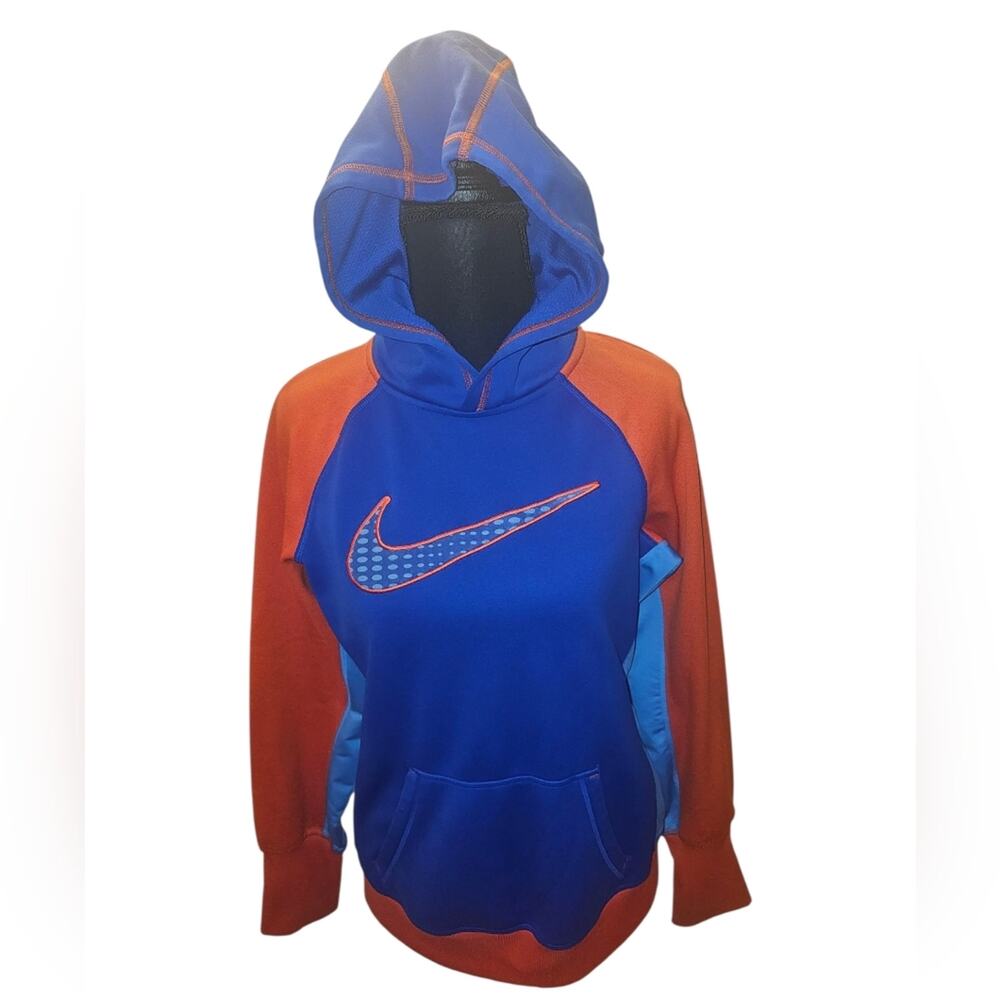 Blue Therma-Fit Nike Hoodie With Orange Logo Pullover Sweatshirt Kids Medium